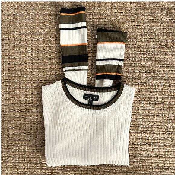 📸 SALE Topshop Ribbed Knit Sweater White with Striped Cuffs – Size US 8 - Picture 3 of 6